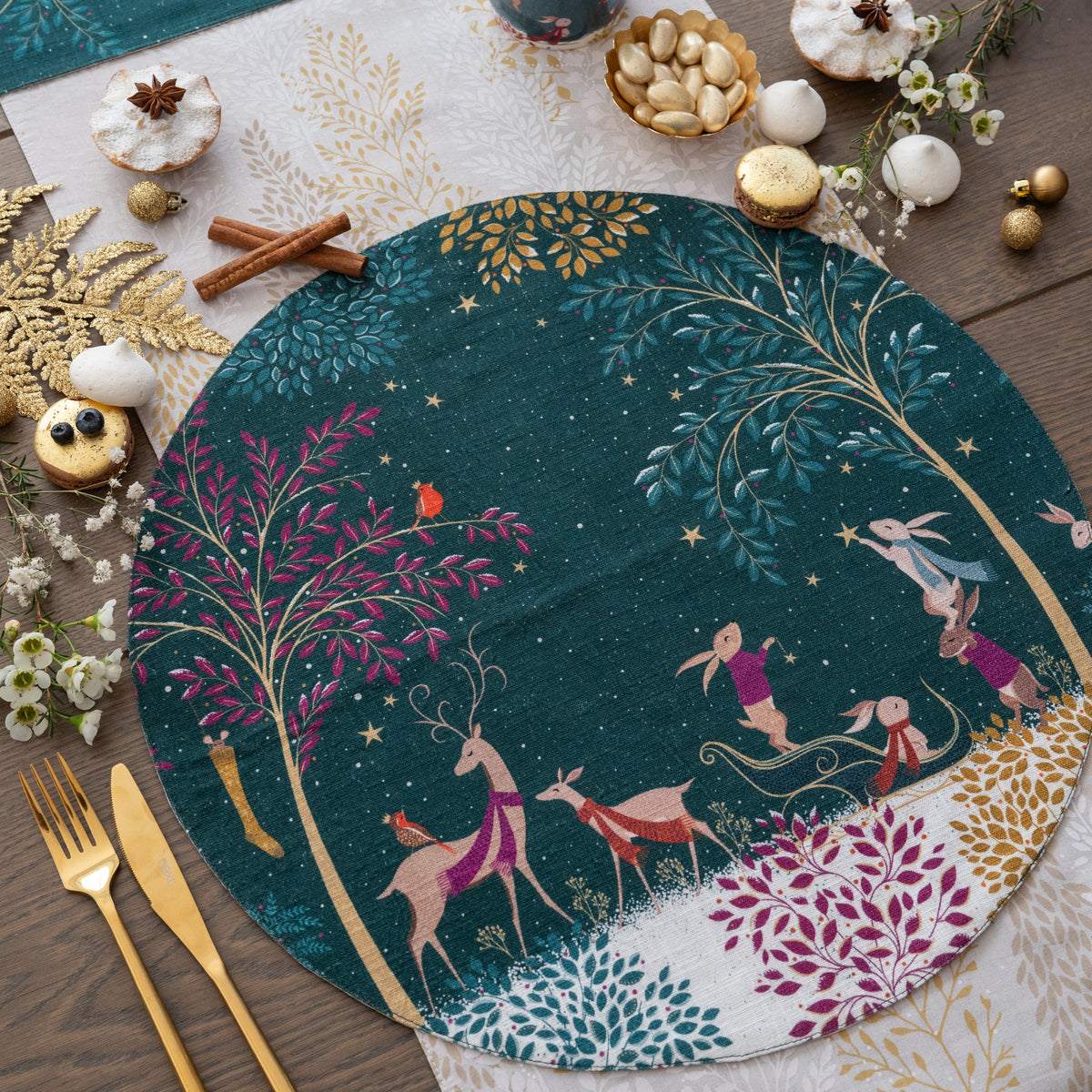woodland tales table linens table linens displayed as a coordinated tabletop setting.