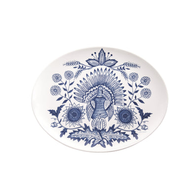 White Platter with blue turkey, leaves, and sunflowers