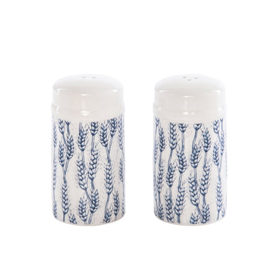 White Salt and Pepper Shakers with blue wheat pattern on the bottom half