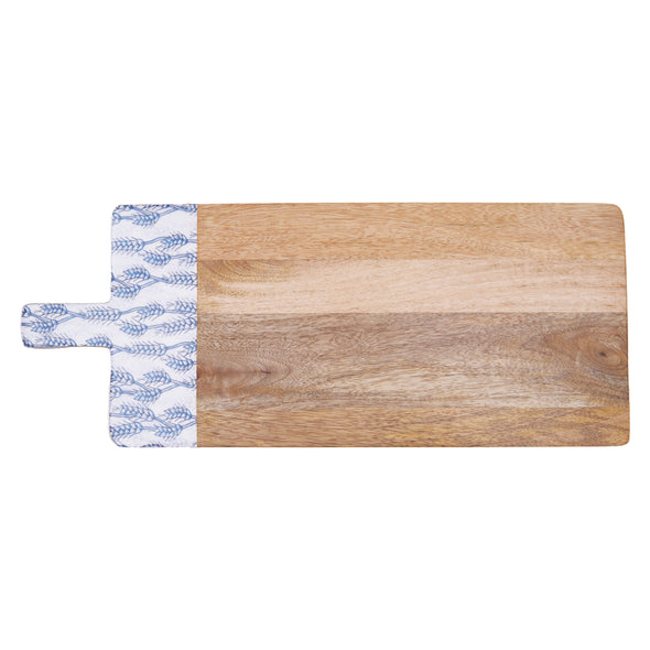 Mango wood square tray with white bottom half and handle that is printed with a blue wheat pattern