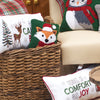 hooked pillow depicting an orange fox wearing a red hat and scarf on a forest green background in a basket with additional winter and Christmas home decor