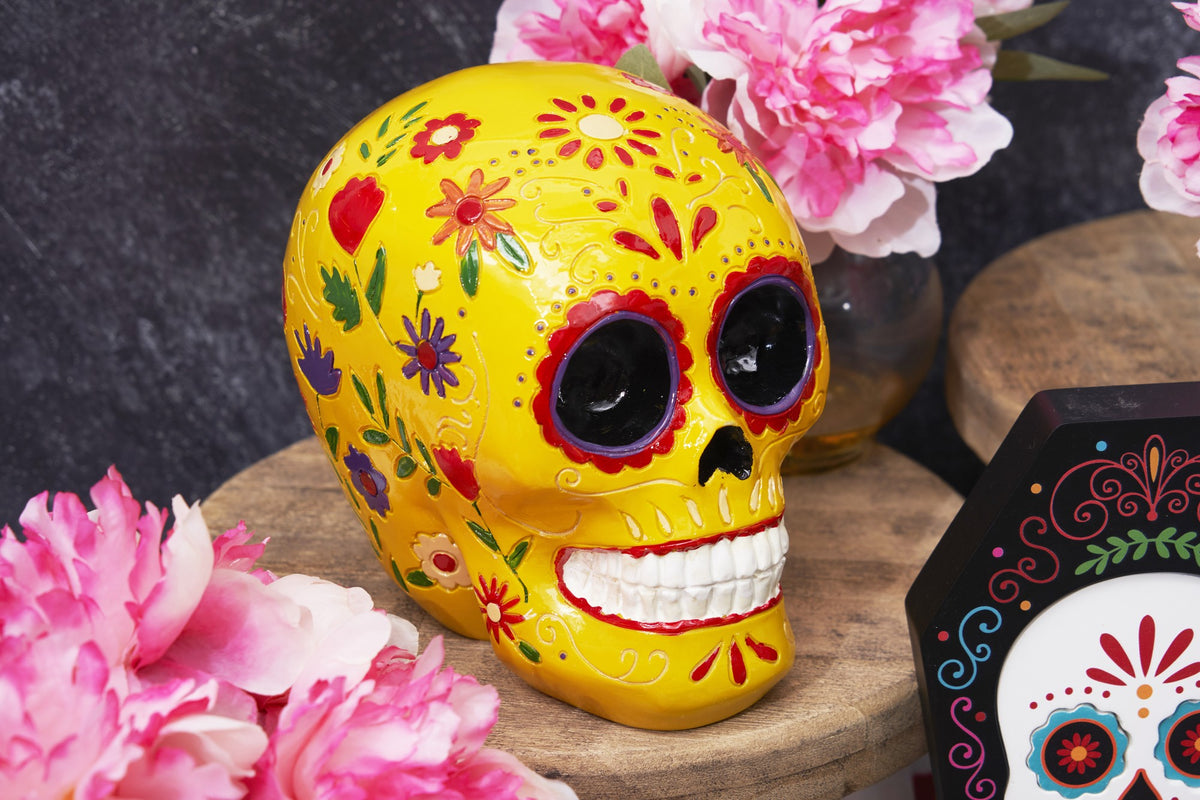 Yellow Floral Sugar Skull Figurine