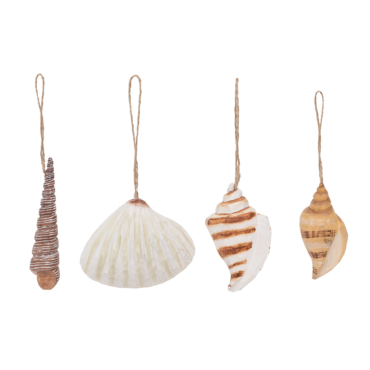 Carved Wood Shell Ornaments, Set of 4