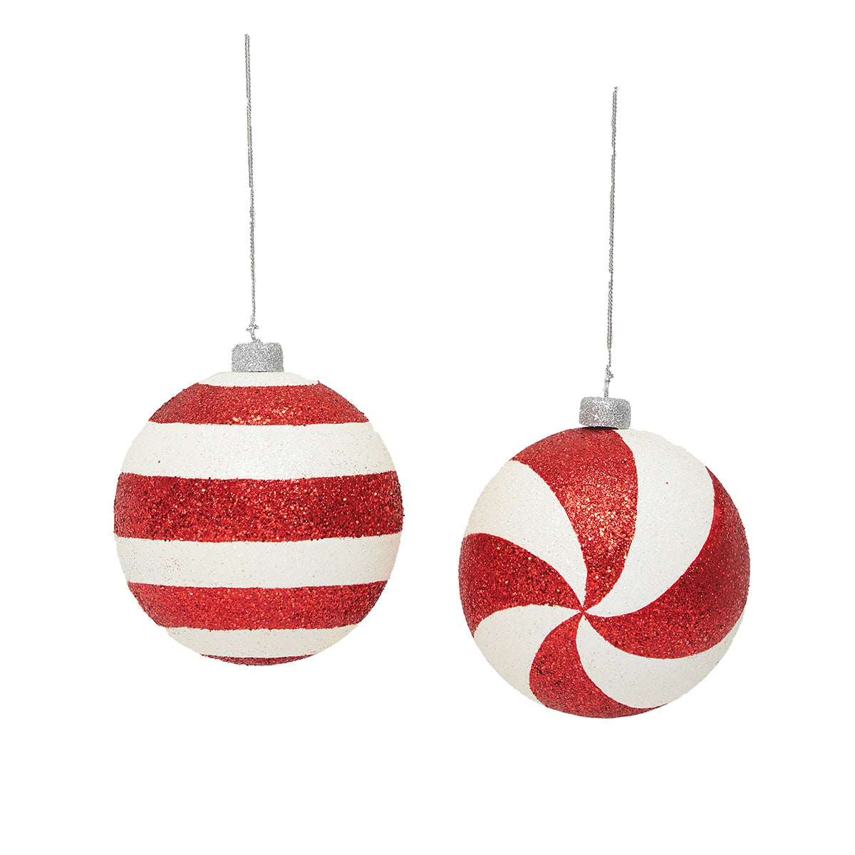 Red and White Stripe Swirl Ornaments, Set of 2