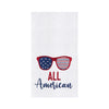 flour sack towel with the words all American paired with sunglasses that feature red white and blue stars and stripes