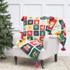 alphabet woven throw and pillow collection is full of festive images in a grid formation with tasseled corners