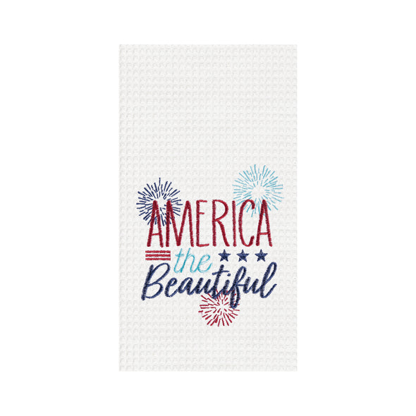 waffle weave towel with the words America the beautiful surrounded by bursting fireworks