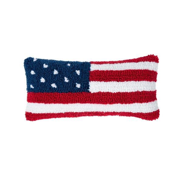 a hooked pillow resembling a minimalistic version of the american flag