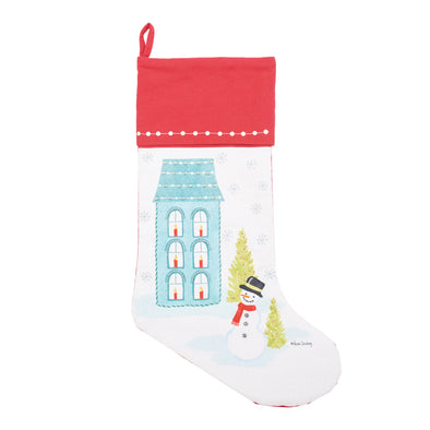 aqua house and snowman stocking has an aqua house with trees and a snowman out front with snowflakes all around