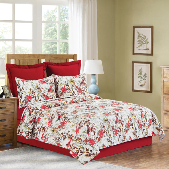 Averie Quilted Bedding Set featuring red cardinals, poinsettias, and holiday botanticals.