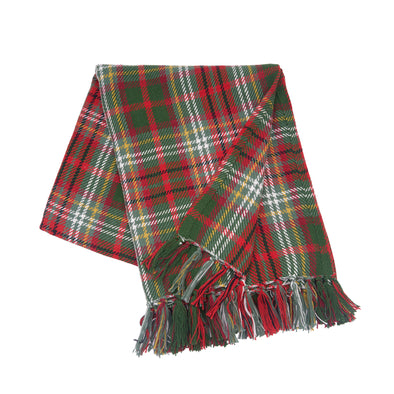 woven plaid throw with a forest green red and yellow design and tassel edges