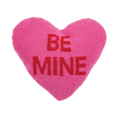 pink heart shaped hooked pillow with the words be mine in red