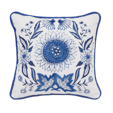 White pillow with a blue Sunflowers and leaves with white bead accents