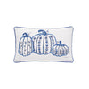 white pillow with 3 blue pumpkins featuring blue piping around the edged