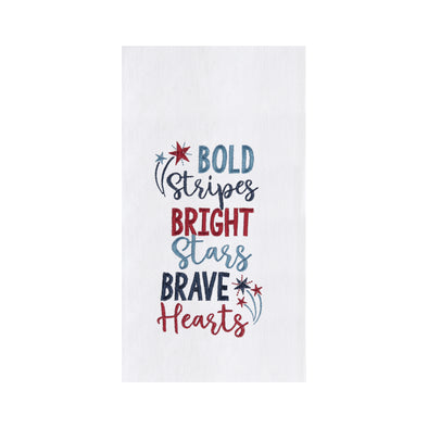 flour sack towel with the words bold stripes bright stars brave hearts in various texts surrounded by two sets of shooting stars