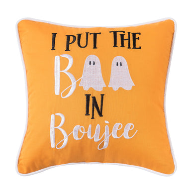 orange embroidered mini pillow with the phrase I Put the Boo in Boujee with two ghosts as the "Os" in Boo