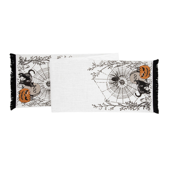 Printed Boo Spider Web table runner with black fringe edging.