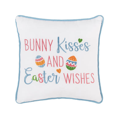Embroidered with a colorful pastel palette with the words "bunny kisses and easter wishes" with decorative eggs next to the word "and"