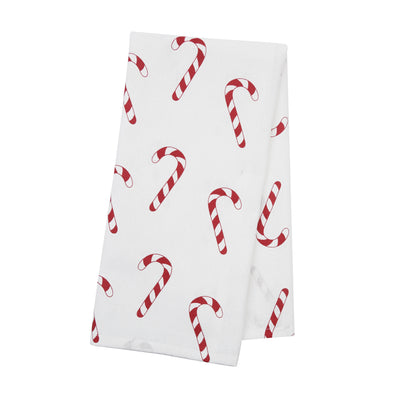 printed kitchen towel with red and white candy canes all over