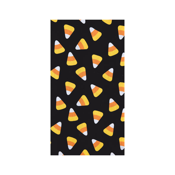 black printed flour sack towel with a scattered repeating design of candy corn pieces