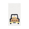 white waffle weave towel with a black truck filled with candy corn and the phrase trick or treat