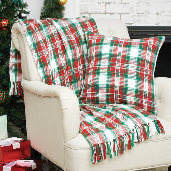 carter christmas plaid product, red, green and white plaid throw with tassel edges