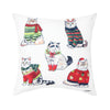 dog christmas pillow with 5 different cats wearing christmas sweaters, santa hat and scarfs