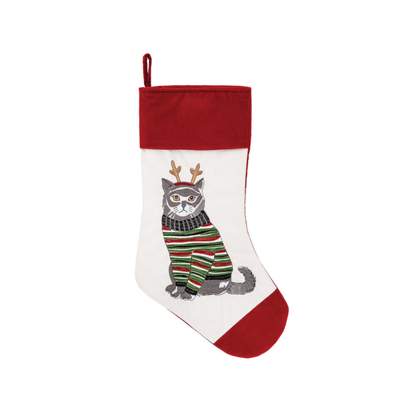 cat christmas stocking with a cat in a red and green striped sweater wearing antlers on a white stocking with red at the top and bottom