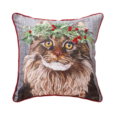 cat flower crown pillow with a cat wearing a flower crown on a grey pillow with red trim