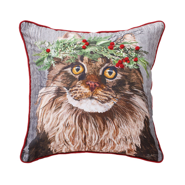 cat flower crown pillow with a cat wearing a flower crown on a grey pillow with red trim