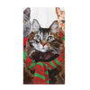 Printed kitchen towel featuring three cats wearing red and stripes; artwork by Two Can Art.