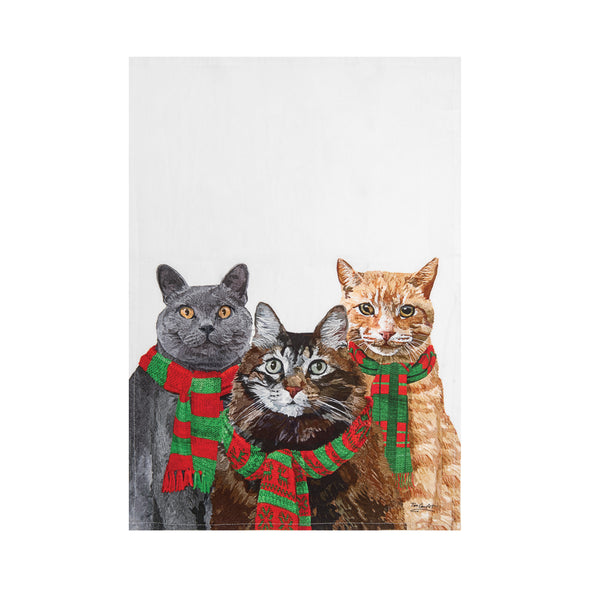 Printed kitchen towel featuring three cats wearing red and stripes; artwork by Two Can Art.
