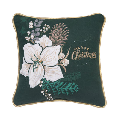 printed and embellished pillow featuring artwork by Lori Siebert of a Christmas amaryllis pillow and the words Merry Christmas on an emerald green background