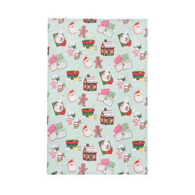 Christmas Cookie Toss Kitchen Towel, light green towel with santa cookies, gingerbread cookies, mixing bowels, and gingerbread houses printed on