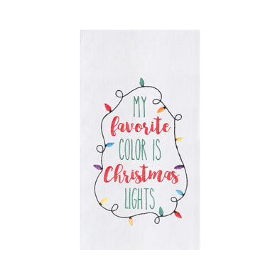 christmas lights kitchen towel with "my favorite color is christmas lights" in red and green surrounded by christmas lights