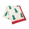 knitted throw with green christmas trees and trimmed in red