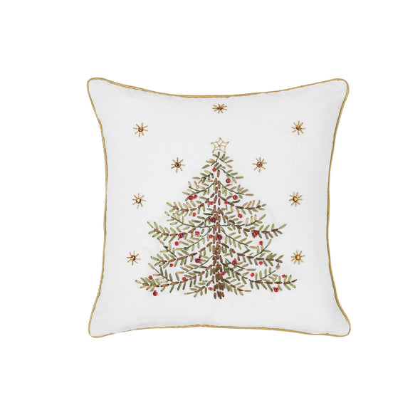 pillow with a ribbon art design on a white background. the abstract, simplistic tree is surrounded by beaded gem snowflake-inspired accents and the pillow is trimmed in gold