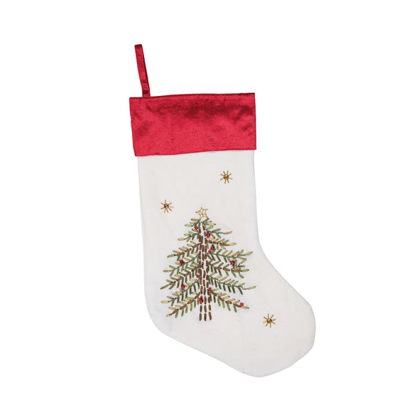 embroidered white sticking with a gold red and green Christmas tree design surrounded by gold stars