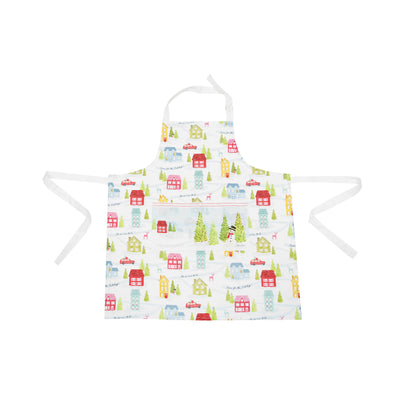 Christmas village apron, patterened with colorful christmas town on a white apron