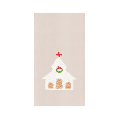 church french knot kitchen towel with a white church on a tan towel