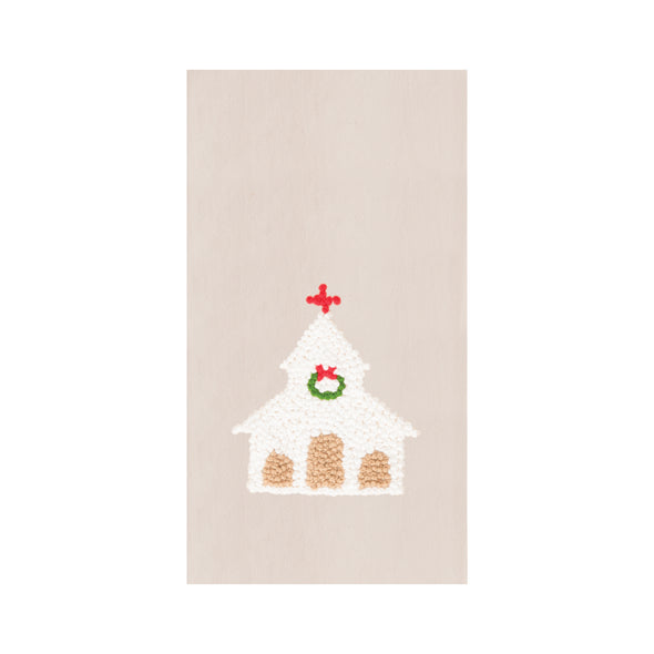church french knot kitchen towel with a white church on a tan towel