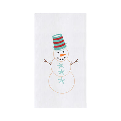 Coastal snowman kitchen towel with a snowman with starfish as buttons and a red and blue top hat