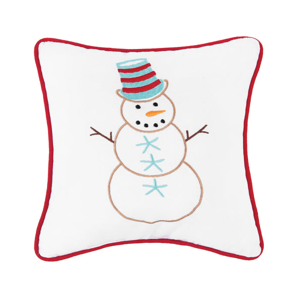 coastal snowman mini pillow with a snowman with starfish as buttons and a red and blue top hat on a white pillow with red trim