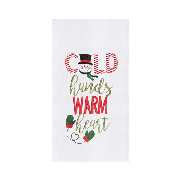 cold hands warm heart kitchen towel with "cold hands warm heart" with a snowman and mittens in green and red