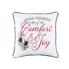 comfort & joy decorative pillow with a branch from a pine tree with the words "good tidings of comfort & joy" in red and green on a white pillow with green trim