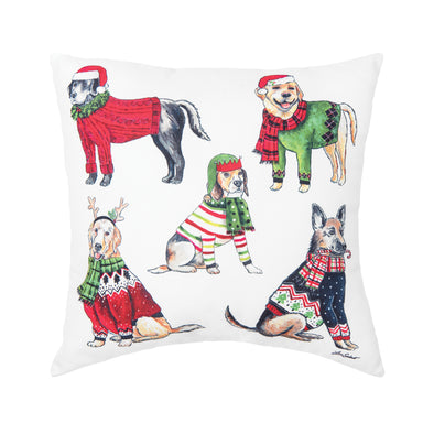 dog christmas pillow with 5 different dogs wearing christmas sweaters, santa hat and scarfs