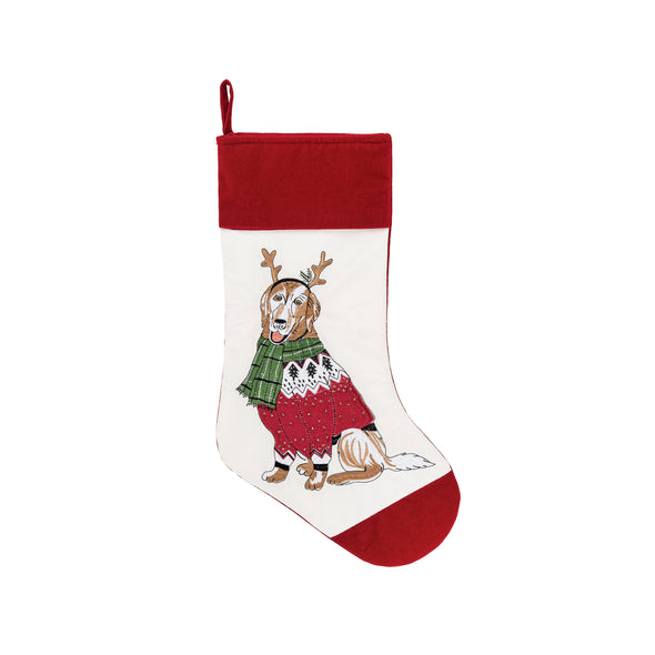 dog christmas stocking with a dog wearing a red sweater , green scarf and antlers on a white stocking detailed with red at the top and bottom