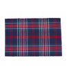 woven placemat featuring a navy blue green red and white plaid pattern