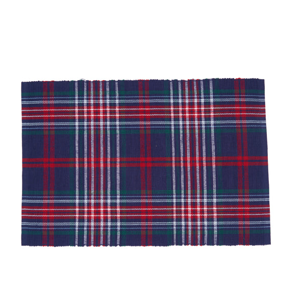 woven placemat featuring a navy blue green red and white plaid pattern