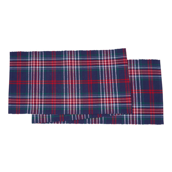 woven runner featuring a navy blue green red and white plaid pattern